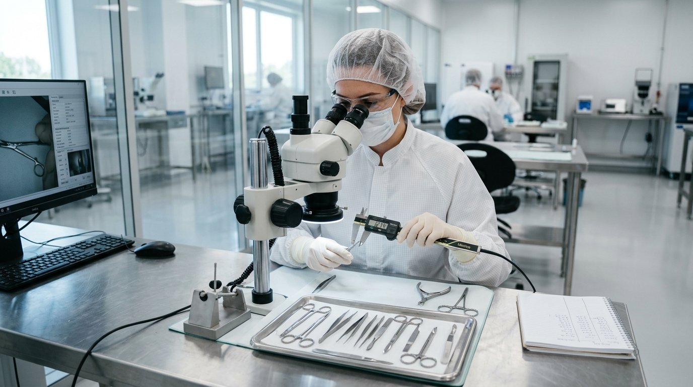 Quality Laboratory Specialist Inspecting Surgical Instruments
